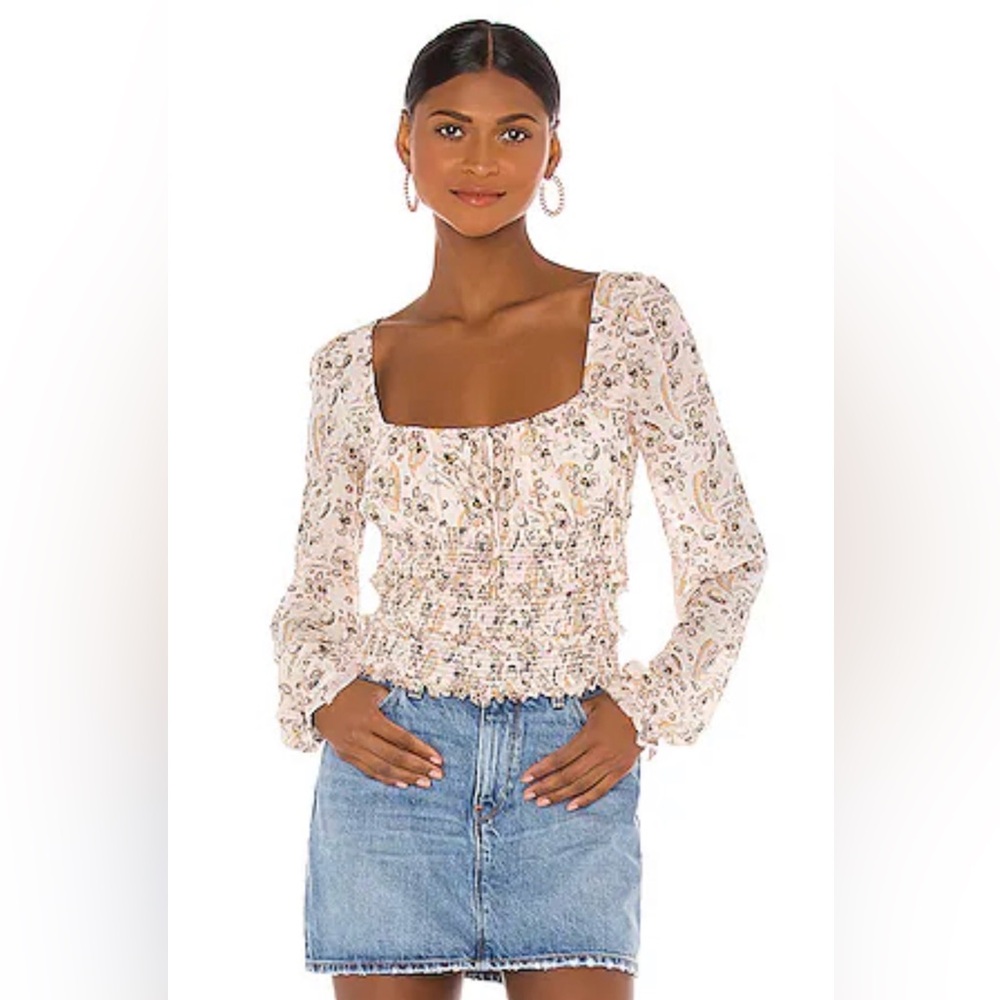 Free People (Size L) Multicolored Floral "Lolita Peasant" Ruffle Trim Blouse